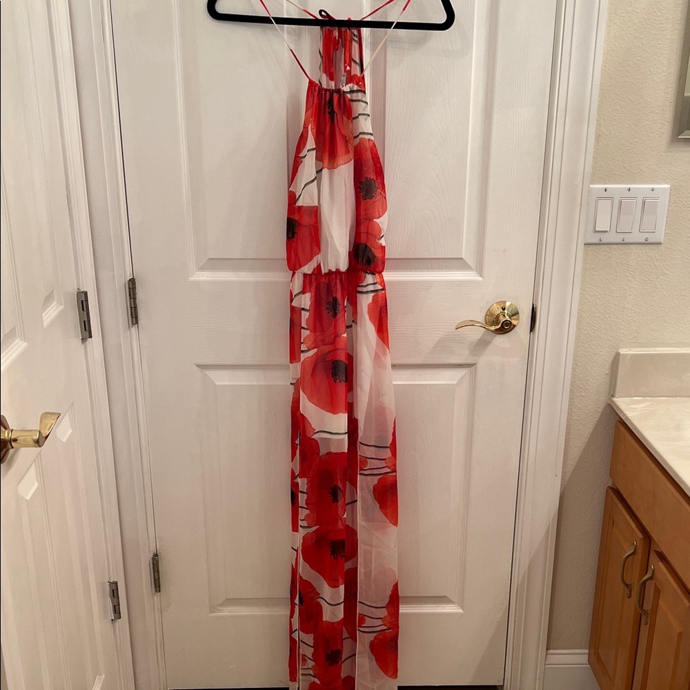 Papaya Red and White Floral Maxi Dress